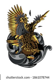 gold eagle, falcon illustration, poster, mascot and tshirt design