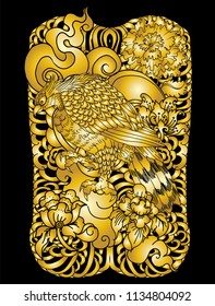 Gold Eagle flying tattoo.Traditional Japanese eagle with Thai flower on cloud tattoo.White headed American bird tattoo design.Gold Eagle tattoo isolate vector.
