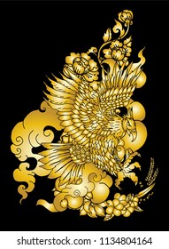Gold Eagle flying tattoo.Traditional Japanese eagle with Thai flower on cloud tattoo.White headed American bird tattoo design.Gold Eagle tattoo isolate vector.
