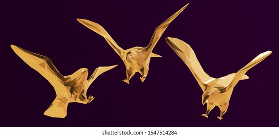 Gold Eagle. Shiny Metallic Set of Golden Eagles on Purple Background. Low Poly Vector 3D Rendering