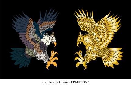 Gold Eagle tattoo isolate vector.Silhouette traditional Japanese Eagle.Native American Eagle attacking.wallpaper design. White headed American bird.