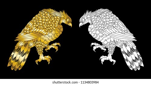 Gold Eagle tattoo isolate vector.Silhouette traditional Japanese Eagle.Native American Eagle attacking.wallpaper design. White headed American bird.