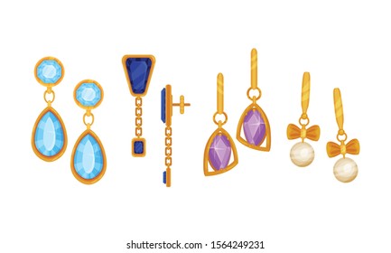 Gold Earings Vector Set. Expensive Detailed Woman Items