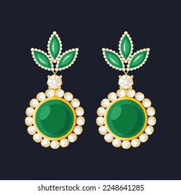Aburrido de oro con esmeralda y piedra de diamante aislada en fondo negro. Woman Costosos accesorios de joyería de lujo. Ilustración vectorial de estilo plano