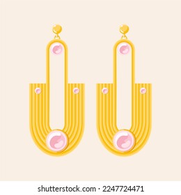 Gold earring with pink gemstone isolated on beige background. Modern pearl luxury jewelry accessories vector flat illustration