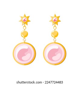 Gold earring with pink gemstone isolated on beige background. Modern luxury woman jewelry accessories vector flat illustration