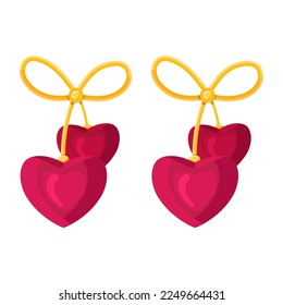 Anillo de oro con forma de corazón rojo perla de diamante y arco dorado. Woman Costosos accesorios de lujo. Ilustración vectorial plana