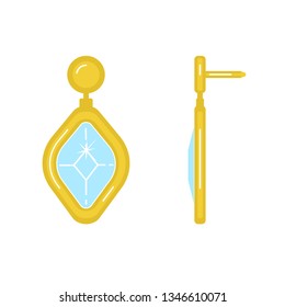 Gold earrings with diamond on the white background