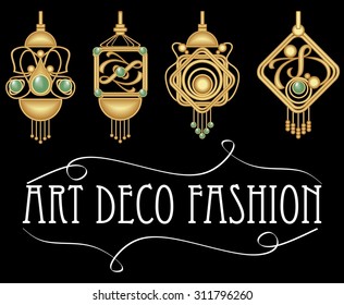 Gold earrings with green gem. Set of antique gold jewel in art deco style. Nostalgic vintage patterns. Metallic brass jewelry. EPS 10 vector.