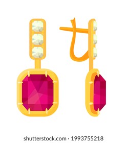 Gold earrings with ruby and diamond gem isolated on white