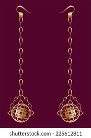 Gold earrings with semi sphere and chain on red velvet. 