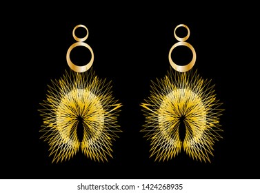 Gold earrings sun shape on a black background. Circle jewelry, 
Gold Sun
