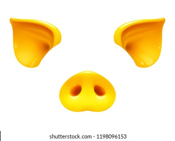 Gold Ears And Nose Of Pig For Carnival Costume. Yellow Elements Of Piggy Mask. Facial 3D Details Of Chinese New Year Symbol. Glossy Template For Overlay Filter In Selfie App, Video Chat, Photo Booth.