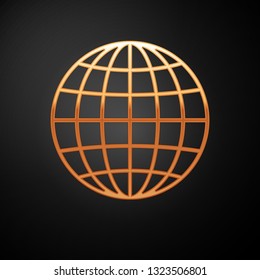 Gold Earth globe icon isolated on black background. Vector Illustration