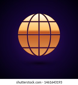 Gold Earth globe icon isolated on dark blue background. World or Earth sign. Global internet symbol. Geometric shapes.  Vector Illustration