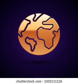 Gold Earth globe icon isolated on dark blue background. World or Earth sign. Global internet symbol. Geometric shapes.  Vector Illustration