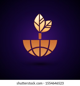 Gold Earth globe and leaf icon isolated on dark blue background. World or Earth sign. Geometric shapes. Environmental concept.  Vector Illustration