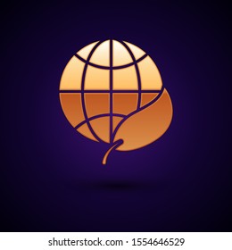 Gold Earth globe and leaf icon isolated on dark blue background. World or Earth sign. Geometric shapes. Environmental concept.  Vector Illustration