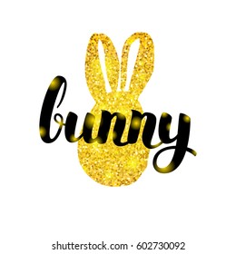 Gold Easter Bunny Greeting. Vector Illustration of Spring Holiday Postcard with Lettering.