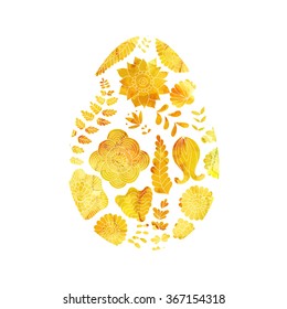 Gold Easter egg with abstract floral pattern. Vector isolated on white background. Watercolor yellow golden texture