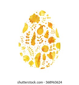 Gold Easter egg with abstract floral pattern. Vector isolated on white background. Watercolor yellow golden texture
