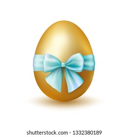 Gold Easter egg with blue bow. Smart festive Easter egg for greeting card or design element. Vector illustration.