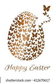 Gold Easter egg consists of flying butterflies isolated on a white background. Design element for Easter. Flock of butterflies in the shape of Easter egg. Happy Easter. Vector greeting card