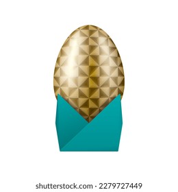 Gold Easter Egg Decorated with Checkered Isometric Triangles Mosaic Texture Standing on Hand Crafted Paper Holder Isolated Blank Egg Hunt Template - Golden on White Background - Vector Graphic Design