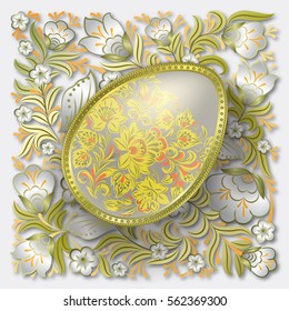 Gold easter egg on white floral background