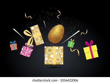 gold easter egg pop up from golden gift box and five gift box on black background. premium,illustration,vector