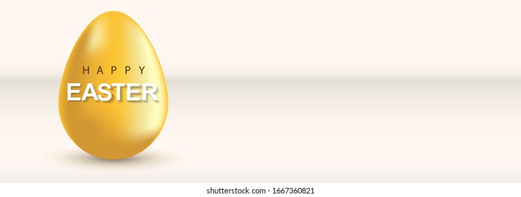 Gold easter egg with realistic golden shine on white background. Happy easter. Poster, web-banner, greeting card, flyer