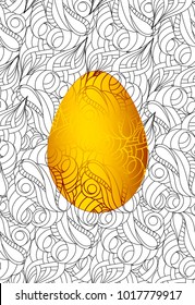 Gold easter egg and seamless monochrome abstract pattern for coloring book.