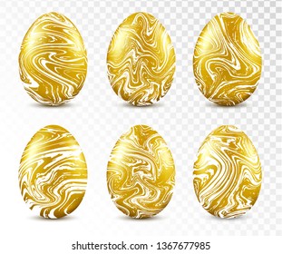 Gold easter eggs with marble texture. Easter object template set. 