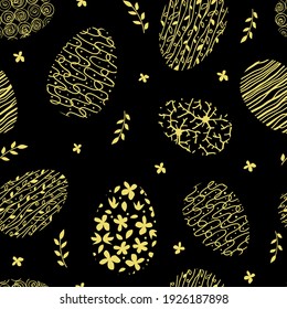 Gold Easter eggs on a black background. Seamless pattern. Vector illustration.