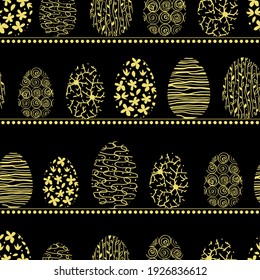 Gold Easter eggs on a black background. Seamless pattern. Vector illustration.