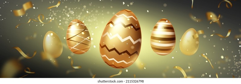 Huevos dorados de Pascua en un fondo borroso con confeti dorado y brillantes chispas. Banner navideño feliz, plantilla para publicidad, encabezado o pie de página para sitio web, ilustración vectorial 3d realista