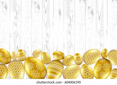 Gold easter eggs with pattern on wood  background. Vector illustration.
