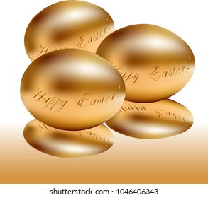 Gold Easter eggs with a reflection in a surface. Easter postal.