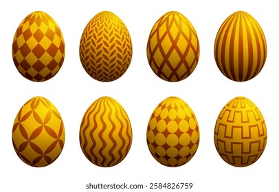 Gold Easter eggs set, realistic 3D egg, painted pattern