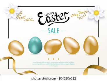 Gold Easter eggs and white flowers on the white background. Easter invitation
