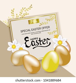 Gold Easter eggs, white snowdrops on the beige background. Bright Easter card