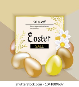 Gold Easter eggs, white snowdrops on the beige background. Bright Easter card