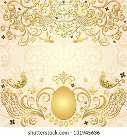 Gold easter frame with big gold egg, vintage pattern, birds and butterflies (vector EPS 10)