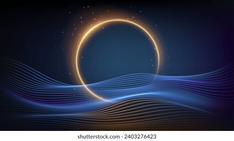 Gold Eclipse with Blue Wave Background, Vector Illustration