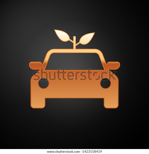 Gold Eco car\
concept drive with leaf icon isolated on black background. Green\
energy car symbol. Vector\
Illustration