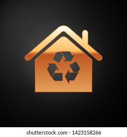 Gold Eco House with recycling symbol icon isolated on black background. Ecology home with recycle arrows. Vector Illustration