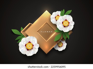 Gold edge rhomb antique luxury logo frame with big white peony flowers. Rhombus golden frame, flower, green leaf on black background. For greeting card, holiday invitation, wedding, birthday