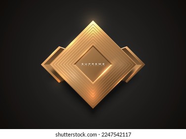 Gold edge rhomb antique mexican logo frame. Luxury frame, golden brackets border black background. Abstract ancient style design. Inca tribe style gold line geometric pattern with flame reflections