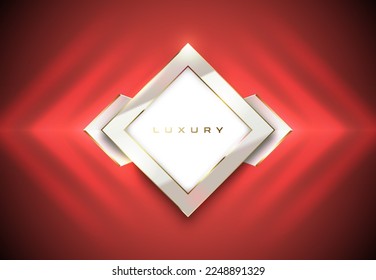 Gold edge rhomb logo frame, glossy white center. Luxury frame, golden brackets border coral red background. Abstract vector glow light wave. Vibration motion light effect. Resonance fhombus frame