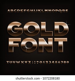 Gold effect alphabet font. Bold metalic letters, numbers and symbols. Stock vector typeface for your design.
